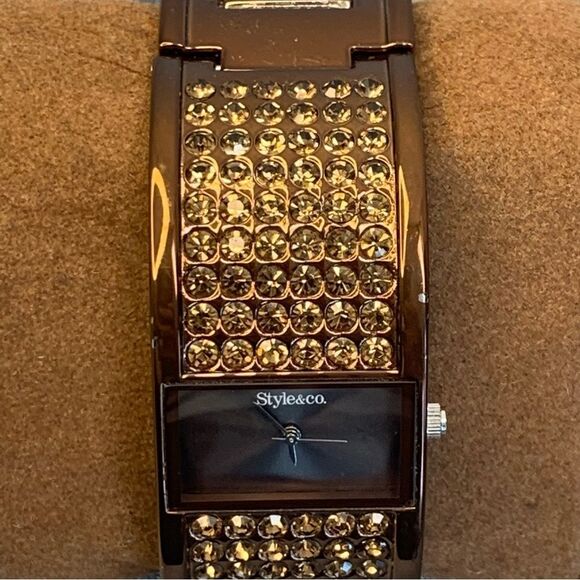 Style & Co. Bronze gold Tone Crystal rhinestone embellished bangle watch 🇨🇦 - Picture 5 of 11